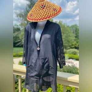 Jordan Taylor - Black mesh zip-up  tunic coverup & front pockets & hood, Size: L